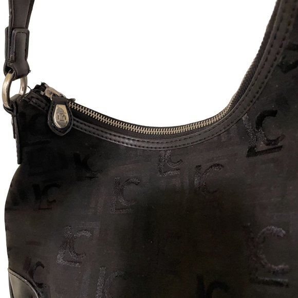 Liz Claiborne Womens Handbag Purse Black Logo Print Medium Silver Detail - Picture 3 of 6